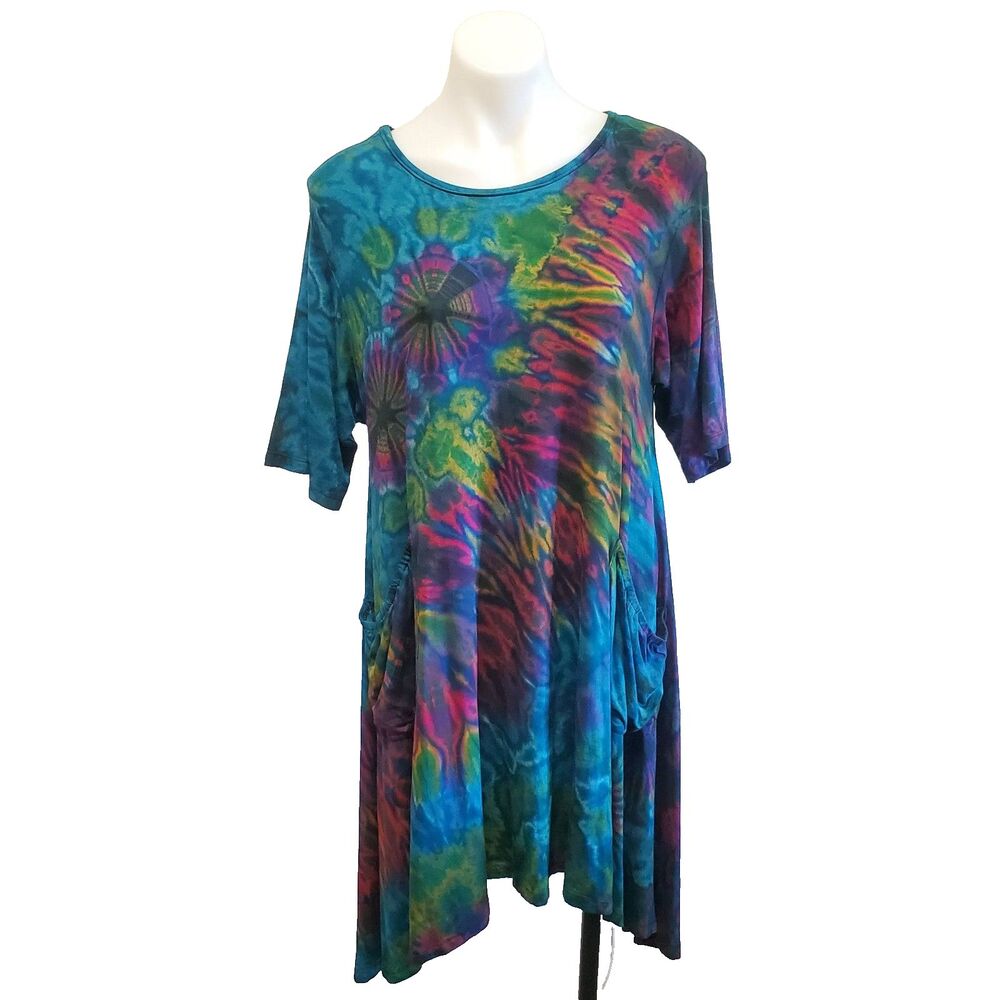 Unique Batik Tie Dye Dress Tunic L -XL Artsy Festival Hippie Psychedeli Pockets